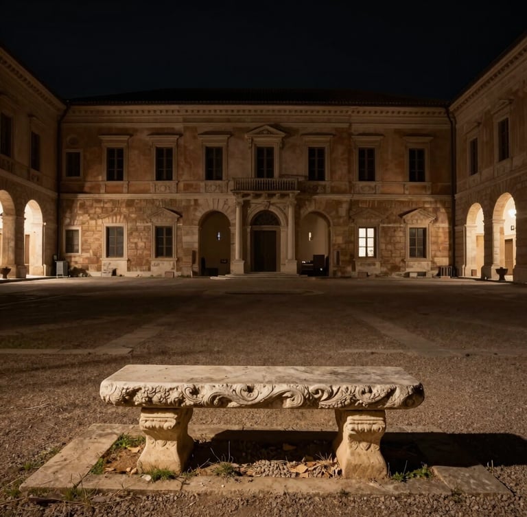 Wide environmental shot of a private Roman palazzo courtyard at night, soft warm light illuminating a single sculptural stone bench, absolute black backdrop
