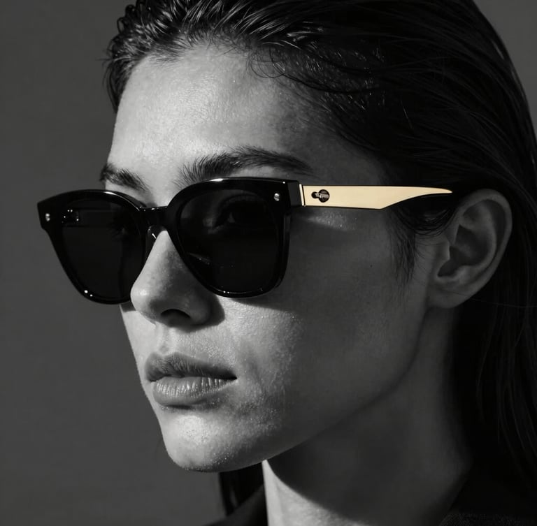 High-contrast black and white portrait of a model in deep shadow, wearing thick-rimmed architectural sunglasses, single warm light highlighting the sharp golden accents on the temple.