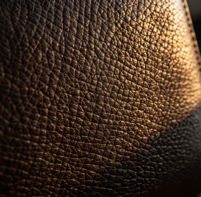 Extreme close-up of hand-stitched heavy dark leather grain, warm cinematic shadow, raking golden light highlighting the porous, rich organic texture.