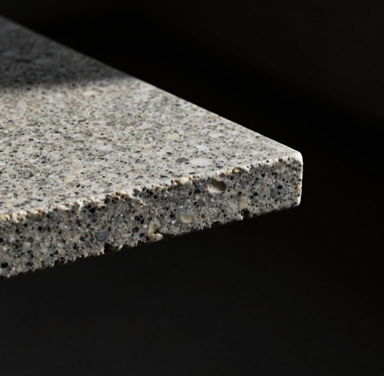 Close-up of a monolithic travertine table edge emerging from absolute black shadows, single-source natural light.