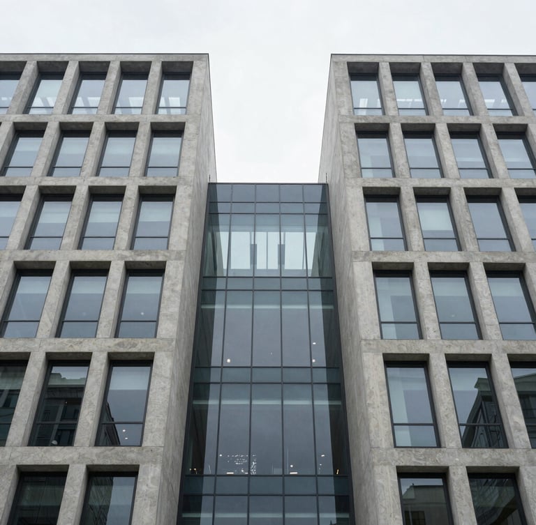 Symmetrical perspective of a modern concrete and glass corporate building facade, clean lines, cool overcast daylight, minimalist architectural geometry.