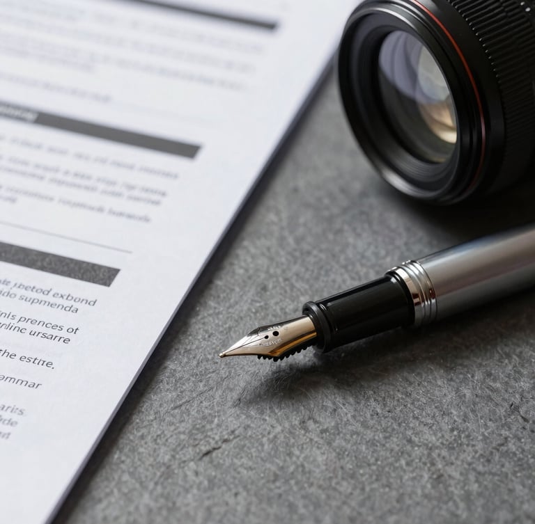 Macro detail shot of high-quality physical financial documents and a heavy fountain pen on a slate gray desk, controlled high-contrast studio lighting.