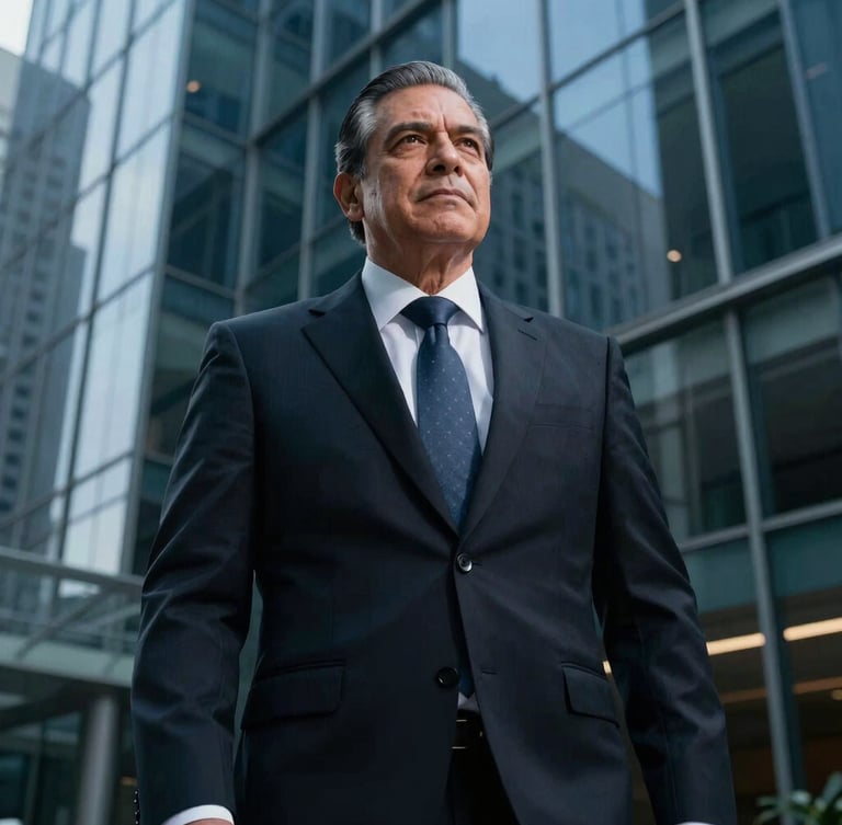 Low-angle heroic portrait of a senior Mexican male attorney in a sharp dark suit, confident posture, modern corporate glass background, cool dramatic lighting.