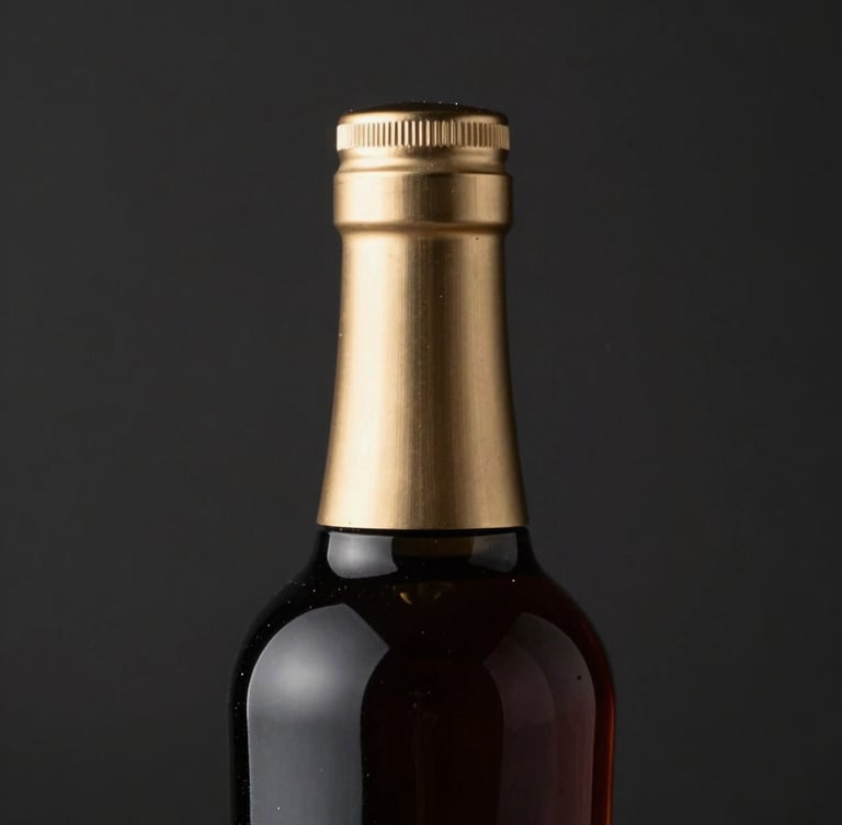 Sleek dark glass product bottle with brushed champagne gold accents, dramatic low-key studio lighting, rich charcoal background, sharp macro focus, 35mm