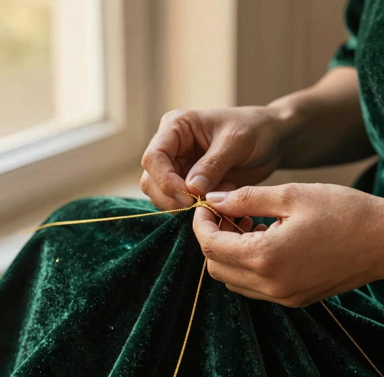 Hands of an artisan weaving intricate gold tilla thread into deep green velvet fabric, soft golden-hour studio lighting, 35mm close-up