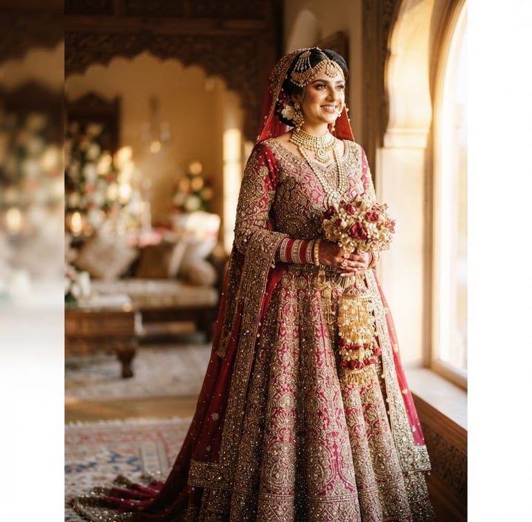 Editorial medium-long shot of a real Pakistani bride in a rich crimson and gold hand-embroidered lehenga, soft golden-hour window light, warm tones, shallow depth of field, 35mm