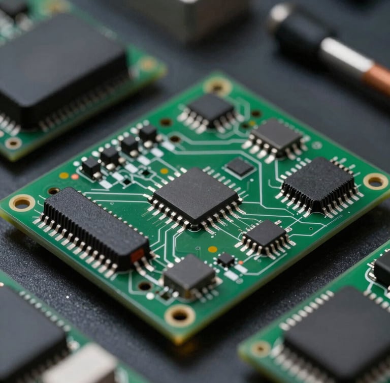 Macro photograph of an Altium PCB layout with green trace lines, focusing on a microcontroller and analog front-end components, dark clean-room lighting
