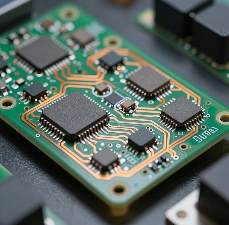 Macro photography of a custom biophotonics PCB layout in Altium Designer, showing clean copper traces, surface-mount microcontroller, and miniature optical sensor array under sharp lab lighting.