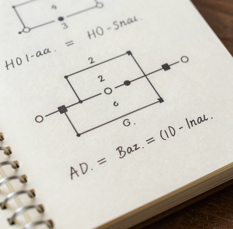 A clean engineering notebook page showing hand-drawn circuit schematics of an analog bandpass filter, with precise mathematical derivations of transfer functions in black ink.