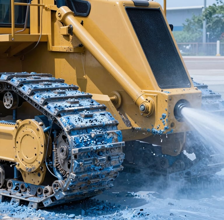 Close-up of a high-pressure water stream stripping heavy grease and dirt from a yellow industrial bulldozer caterpillar track, metallic blue water mist catching the bright daylight