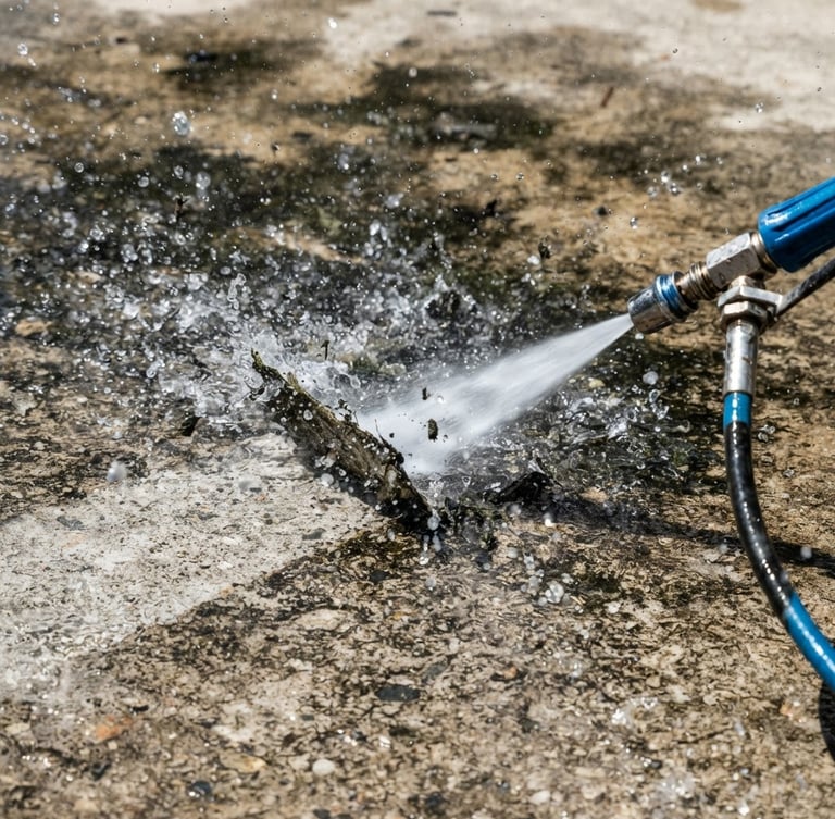 Close-up macro shot of a high-pressure water stream stripping dark mold off a concrete driveway, water droplets suspended in mid-air, bright midday sun, 35mm lens