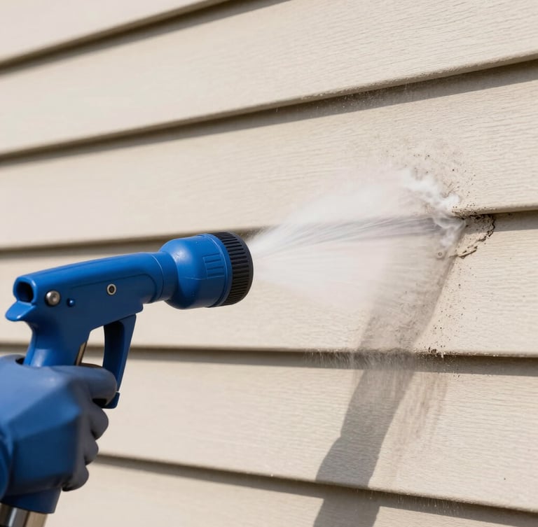 Crisp close-up of a pressure washing nozzle spraying a gentle, wide mist onto dirty beige siding, showing a clean split where the grime is instantly melting away under bright daylight