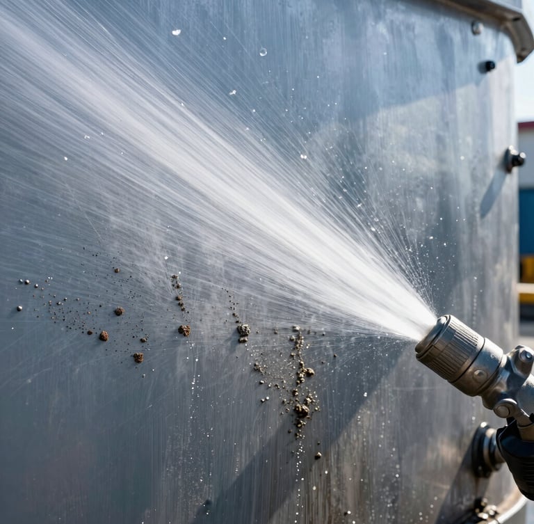 Crisp commercial photography of a high-pressure water stream stripping heavy grime from a metallic industrial surface, bright midday sun, water droplets catching light, 35mm lens.