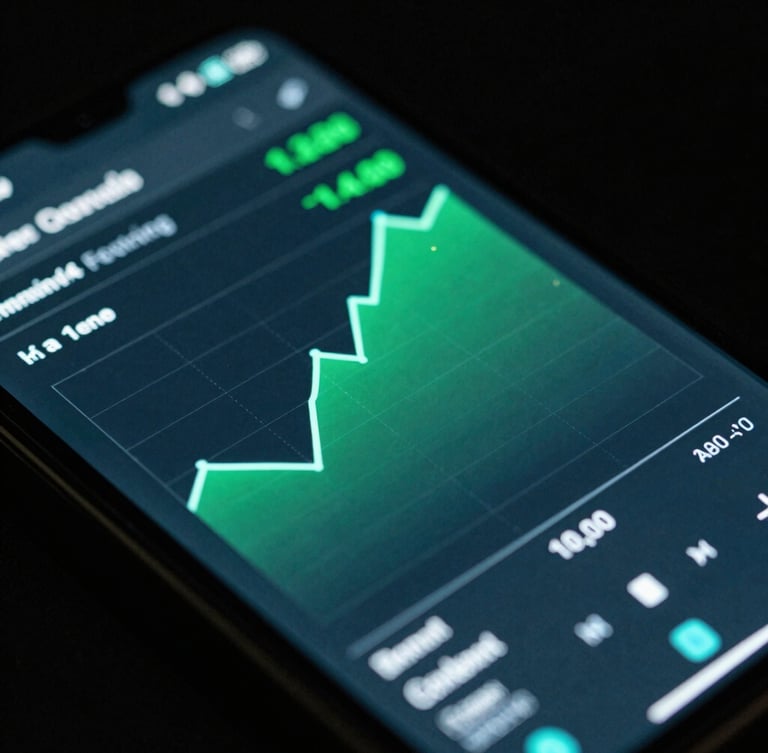 Macro close-up of a physical Android screen displaying a technical performance benchmark graph, dark studio background, vibrant green and teal neon reflections, 35mm
