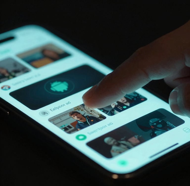 Macro close-up of a hand interacting with a physical Android phone, high-fidelity app interface glowing with electric teal accents, moody low-key studio lighting with neon reflections, 35mm