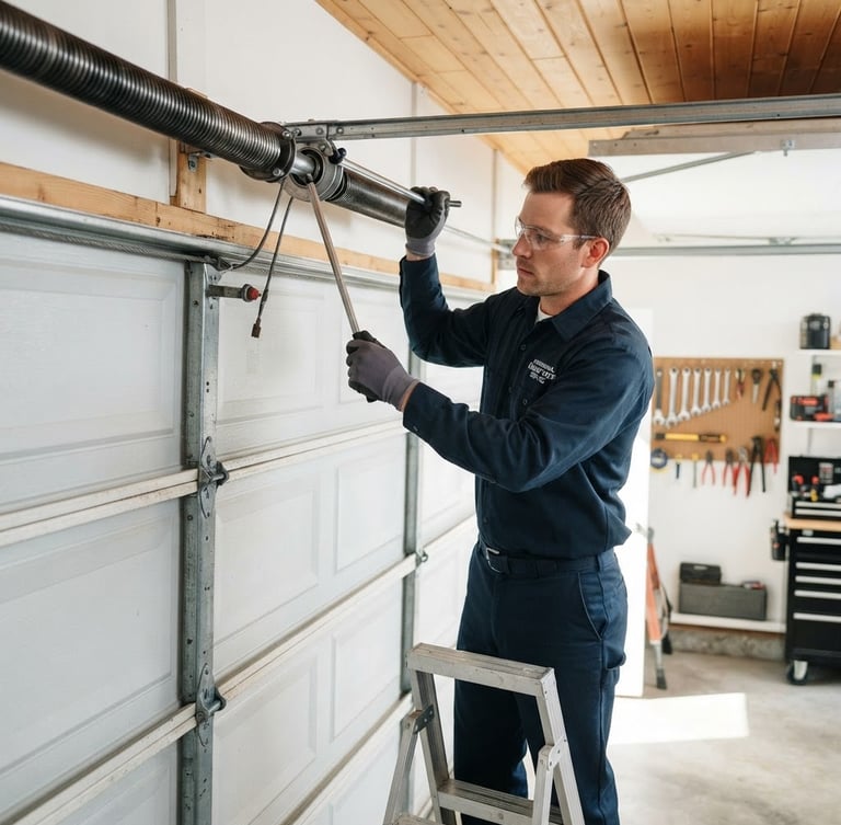 Professional garage door technician in clean uniform, replacing a heavy-duty torsion spring on a residential garage door, bright natural daylight, clean metallic and blue tones, high contrast, 35mm