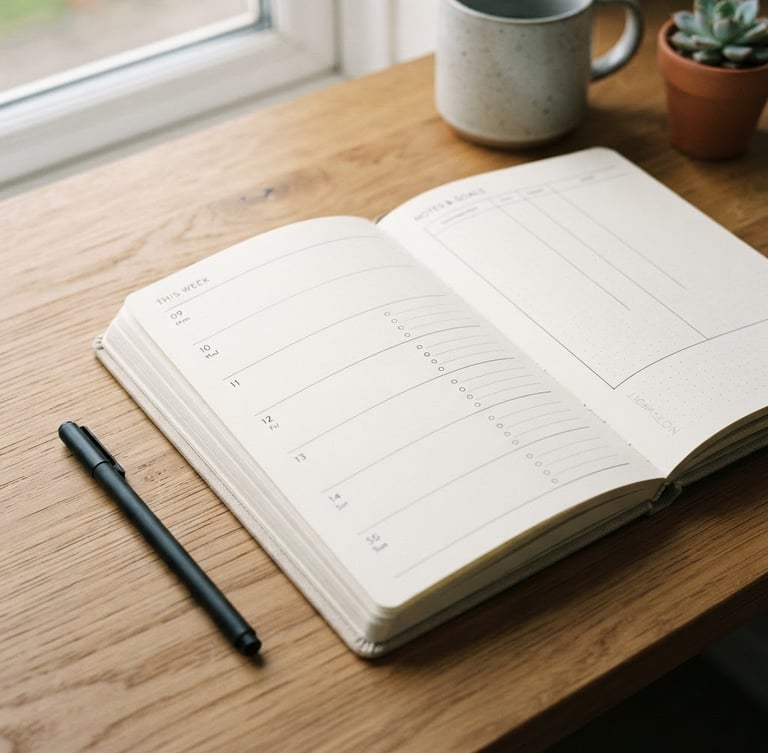 Close-up of a minimalist physical planner on a wooden desk, soft morning light reflecting on clean surfaces, organized workspace