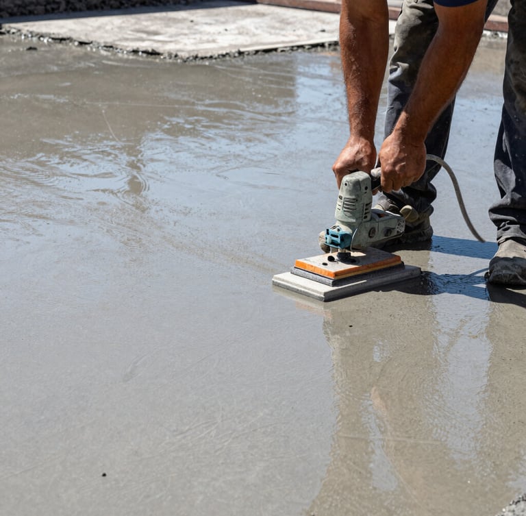 Close-up of a worker using a power trowel to finish a polished industrial concrete floor, glistening wet concrete surface, high contrast daylight.