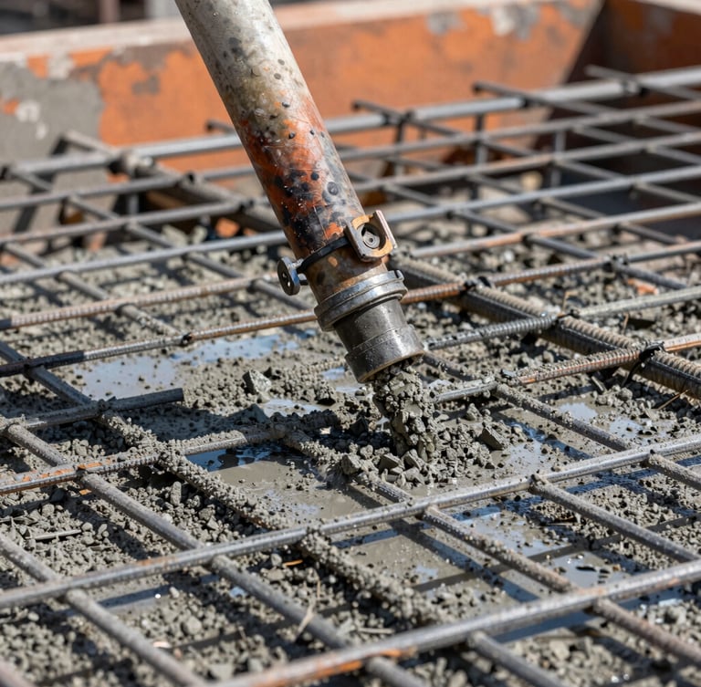 Close-up of wet concrete pouring from a pump hose onto a steel reinforcement grid, harsh midday sun, gritty texture, 35mm lens