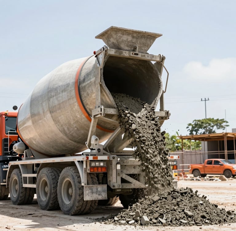 Low-angle heroic shot of a massive concrete mixer truck pouring concrete into a large hopper on an active construction site in Maceió, bright high-contrast outdoor daylight, gritty texture, industrial site photography, 35mm lens