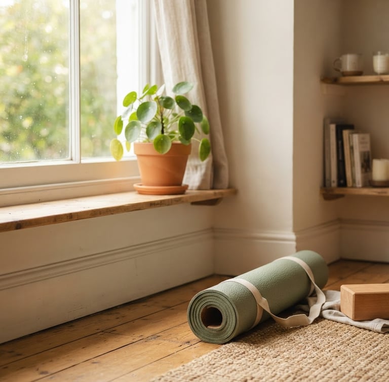 Warm environmental shot of a cozy home corner with a rolled-up yoga mat, soft morning light streaming through a window, terracotta pot with a green plant in the background