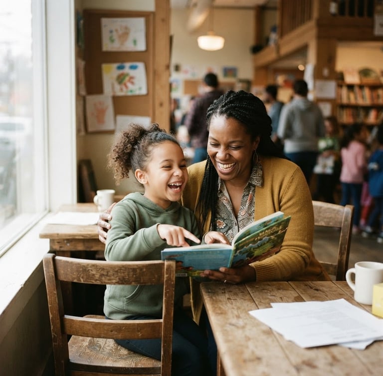 Candid shot of a mentor and child laughing while reading a book together in a sunlit community center, soft focus background, warm documentary photography, soft overcast natural light, earthy muted tones, 35mm film grain, child on left, adult on right