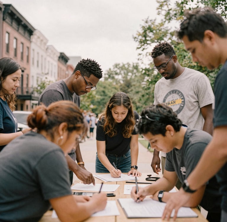 Candid shot of a diverse group of community members and foundation staff collaborating on a project in a Washington neighborhood park, soft overcast daylight, medium shot showing hands-on work and engaged faces.