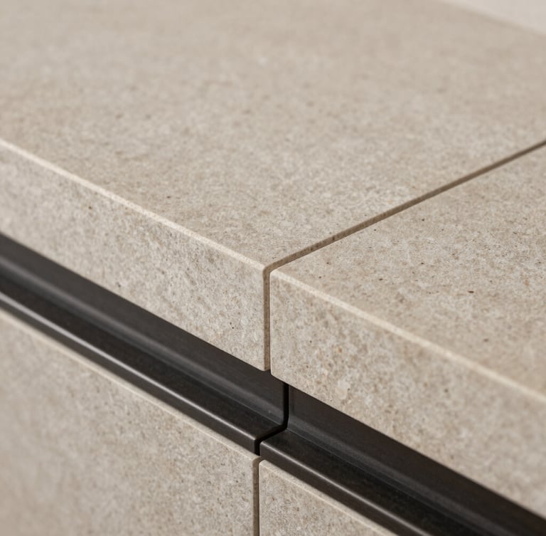 Extreme close-up of high-end architectural craftsmanship, natural brushed stone meeting dark steel trim, sharp focus, technical studio lighting
