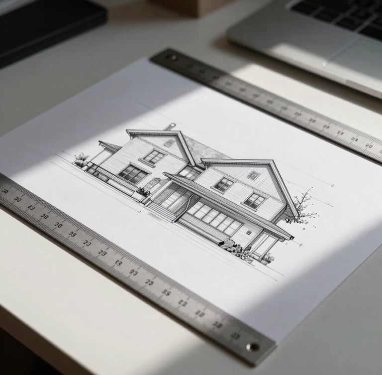 Architectural elevation drawing on a clean desk, technical ruler, high-contrast side lighting, sharp shadows, elegant minimalist setting.