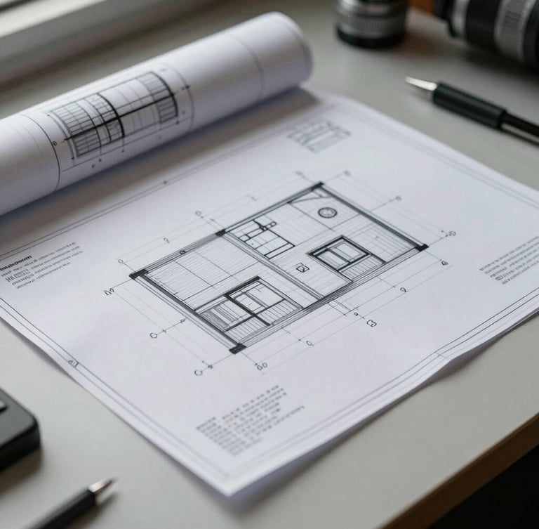 Technical architectural drawing and blueprints laid flat on a clean slate desk, sharp side lighting, precise technical editorial style.