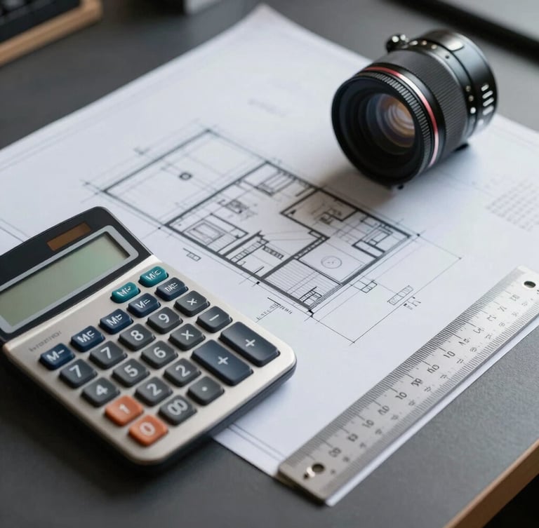 Technical architectural blueprint layout on a clean dark desk next to a modern calculator and architectural scale ruler, sharp side lighting, high contrast.