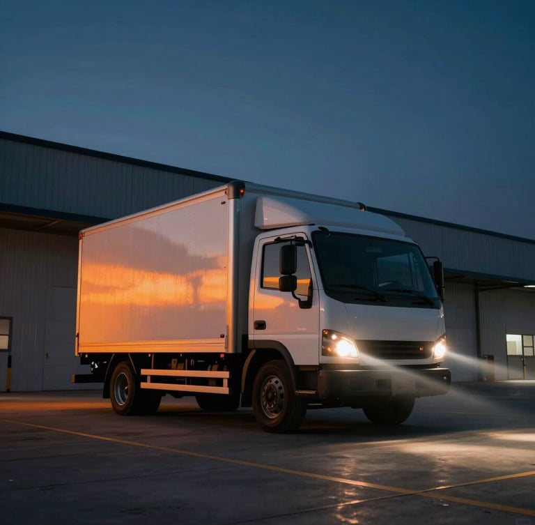 Low-angle dynamic shot of a clean modern box truck parked in front of an empty, spotless warehouse at dusk, dramatic orange sunset reflections on the metallic side, 35mm cinematic lens.