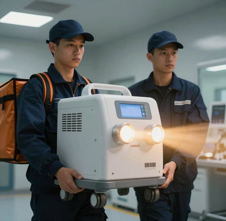 Two professional delivery specialists in clean uniforms carefully carrying a premium high-value medical device inside a modern clinical facility, soft golden lighting, close-up details