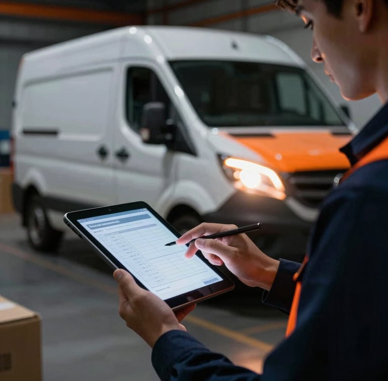 Close-up of a professional logistics coordinator checking routing details on a tablet, a sleek cargo van visible in the background under soft warehouse lighting, high-contrast orange accent