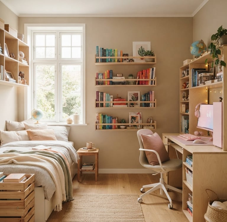 Sunlit teen bedroom, highly organized, featuring a pastel gaming desk and floating wooden book racks, soft diffused morning light, medium-wide environmental shot showing spatial flow, light birch and ash woods, clean architectural lines.
