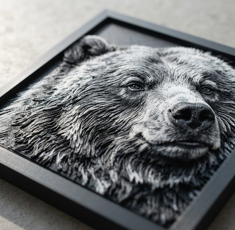 Sharp macro product photography of a textured HueForge frame, bright natural side light casting detailed shadows on physical filament layers, neutral gray background, 35mm