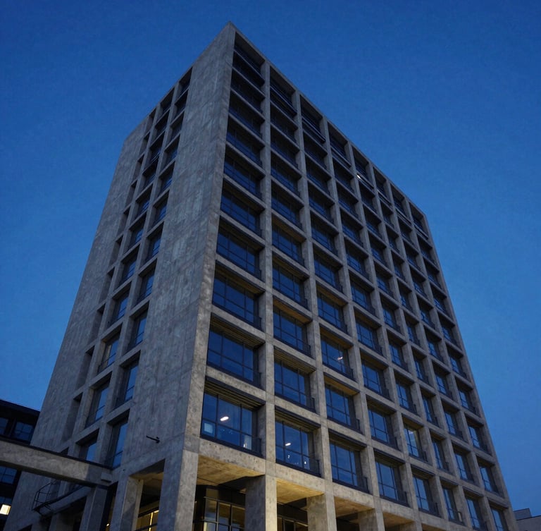 Wide-angle architectural photograph of a modern concrete and steel high-rise building at twilight, sharp clean lines, deep blue hour lighting, high contrast, 35mm