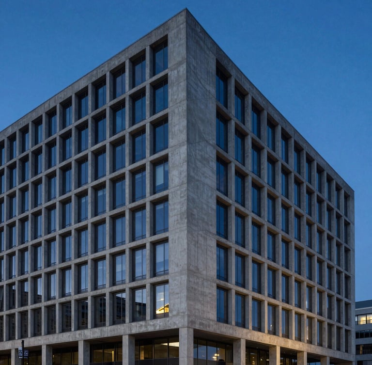 Dramatic architectural twilight shot of a modern concrete and steel corporate headquarters, sharp clean lines, high-contrast blue hour lighting, 35mm