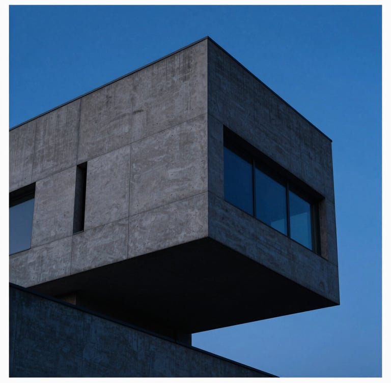 Dramatic architectural angle of a modern concrete and steel cantilevered building, high-contrast twilight lighting with deep blue tones