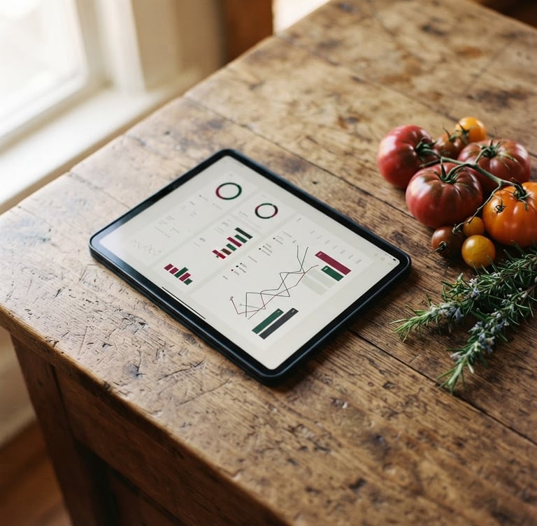 Overhead shot of a minimalist financial dashboard displayed on a tablet resting on a rustic wooden kitchen counter, next to fresh heirloom tomatoes and rosemary, warm natural window light, soft shadows, 35mm photography