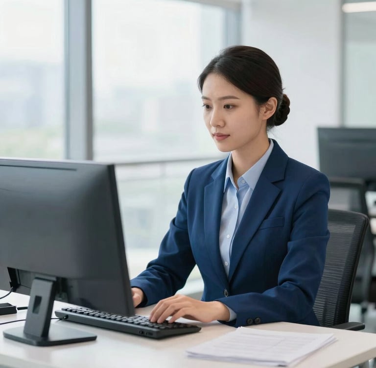 Medium shot of a professional travel agent working with dual monitors in a bright, modern corporate office, natural daylight, professional blue and white tones