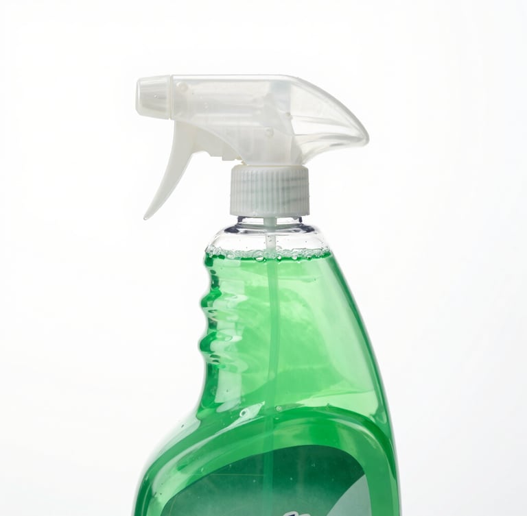 A close-up portrait of a green floor cleaner bottle, showing clear liquid viscosity details under bright clinical studio lighting, right-aligned bleed.