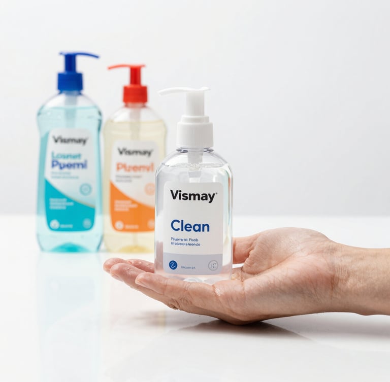 Bright high-key product photography of a Vismay Clean handwash bottle next to a clean hand, with floor cleaner and phenyl bottles in the background on a clean white reflective surface, sharp focus, clinical lighting