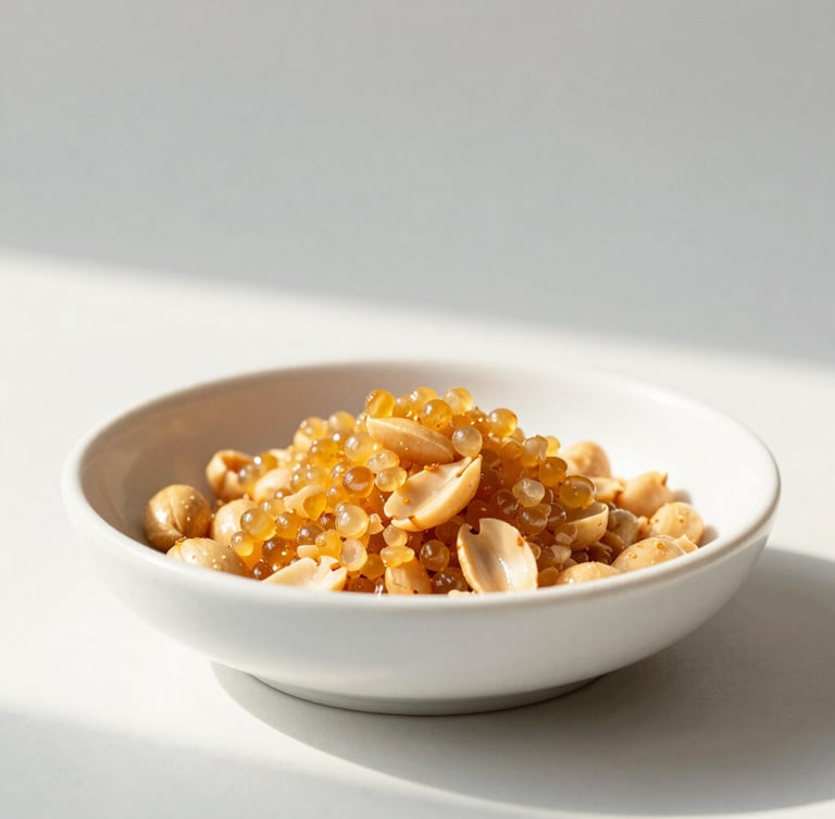 Close-up of golden slow-roasted peanuts and crispy sago pearls in a modern ceramic dish, side-lit by warm morning sun, clean negative space