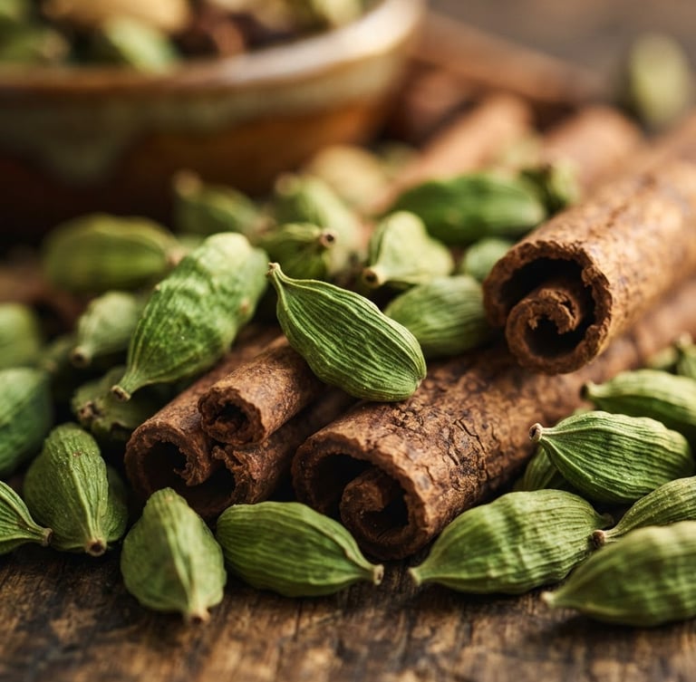 Macro shot of vibrant green cardamom pods and raw cinnamon bark in natural afternoon sunlight, warm editorial photography, bright natural daylight, rich organic earth tones, clean composition, shallow depth of field, 35mm