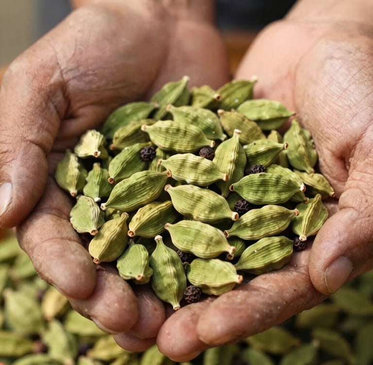 Close-up macro shot of vibrant green cardamom pods and raw black peppercorns being held in weathered, hardworking hands, bright natural daylight, rich organic earth tones, shallow depth of field