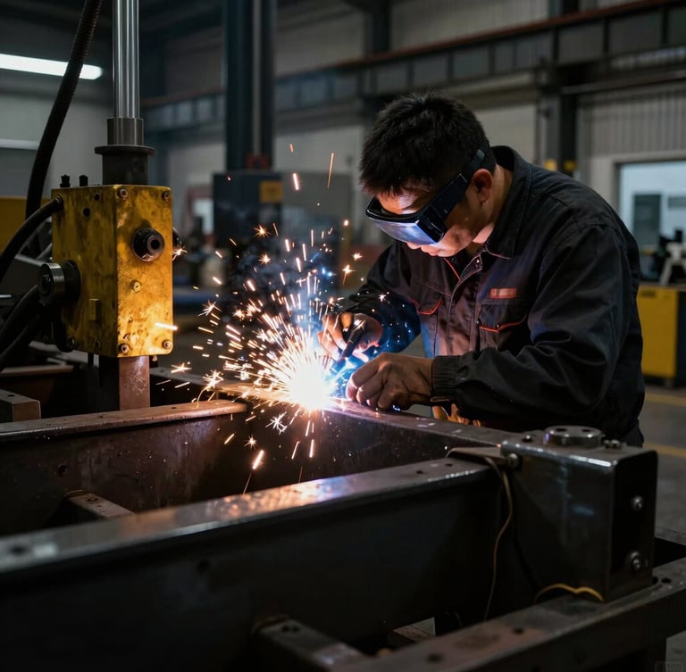 Close-up of a technician welding heavy steel agricultural machinery in a modern industrial workshop, bright sparks fly, high-contrast dark-mode lighting, sharp focus