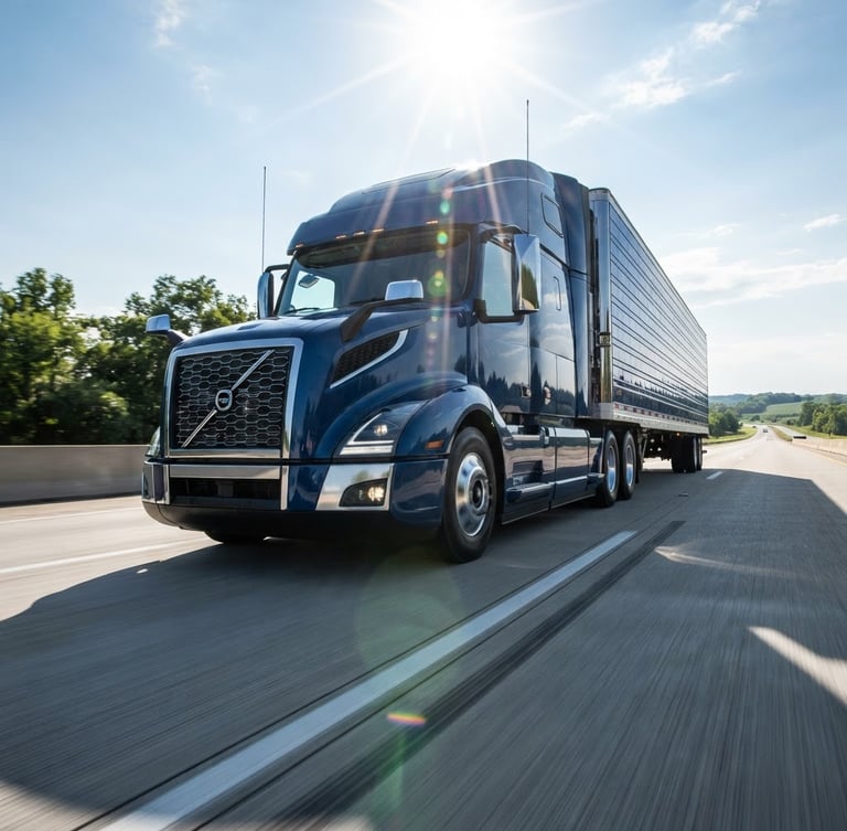 Dynamic low-angle shot of a modern commercial semi-truck driving on a clean highway under bright natural daylight, high-contrast sun-flares, sharp commercial photography.