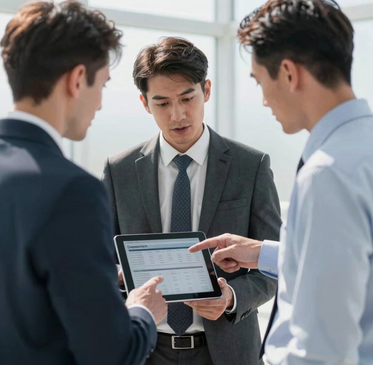 Professional business consultation, two men in discussion pointing at a tablet screen showing logistics data, bright natural daylight, high-contrast corporate tones.