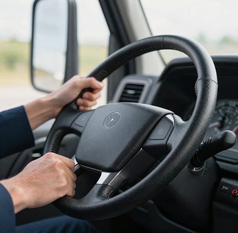 Close-up of professional hands holding a heavy-duty truck steering wheel, clean daylight, sharp commercial photography, shallow depth of field.